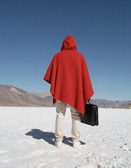 A photograph from behind, back of a person in a bright red mantle, mantle is very baggy, huge hanging sleeves, standing in a completely white desert, white sand, the sky is smooth blue. holding a black briefcase.