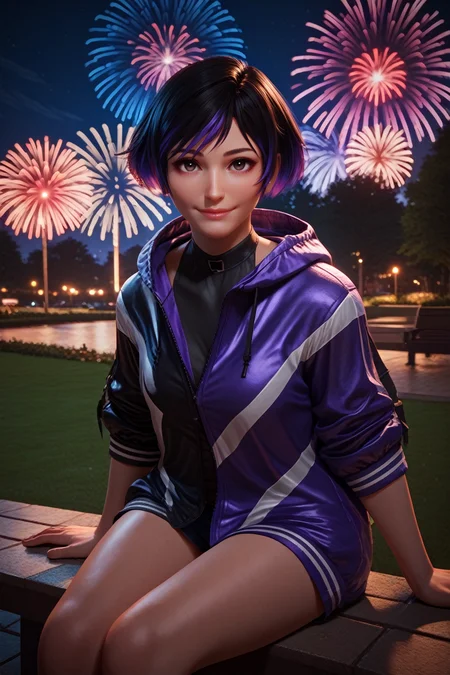score_9, score_8_up, score_7_up,
<lora:TKReina:0.8>
TKReina, 1girl, black hair, purple hair, multicolored hair, short hair, looking at viewer, sitting, at night, fireworks, park, looking up, smile