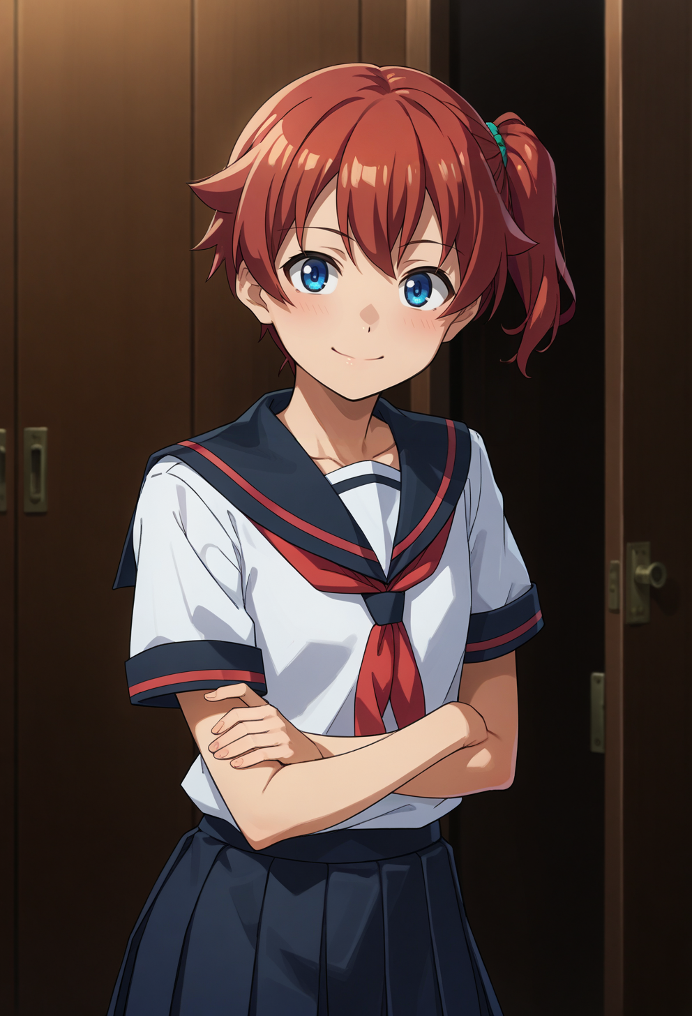 score_9, score_7_up, source_anime, BREAK  <lora:AEYuta:0.9> aeyuuta, blue eyes,red hair, short hair, short ponytail, side ponytail, white serafuku, blue skirt, pleated skirt, serafuku, smile, v arms, light blush, head tilt, otoko no ko, flat chest,