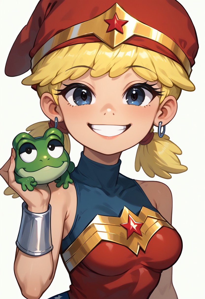 score_8_up, score_7_up, Lana Loud, 1girl, solo, cute, upper body, standing, grin, smile, open mouth, top teeth only, looking at viewer, <lora:Lana_Loud1-10_3:0.8>, tomboy, blonde hair, pigtails, red headwear, missing tooth, black eyes, posing, wonder woman cosplay, bare shoulders, tiara, earrings, medium breasts, jewelry, leotard, white background, simple background, hip sway, wide hips, hand up, holding frog, small green frog, flat color, sideview,