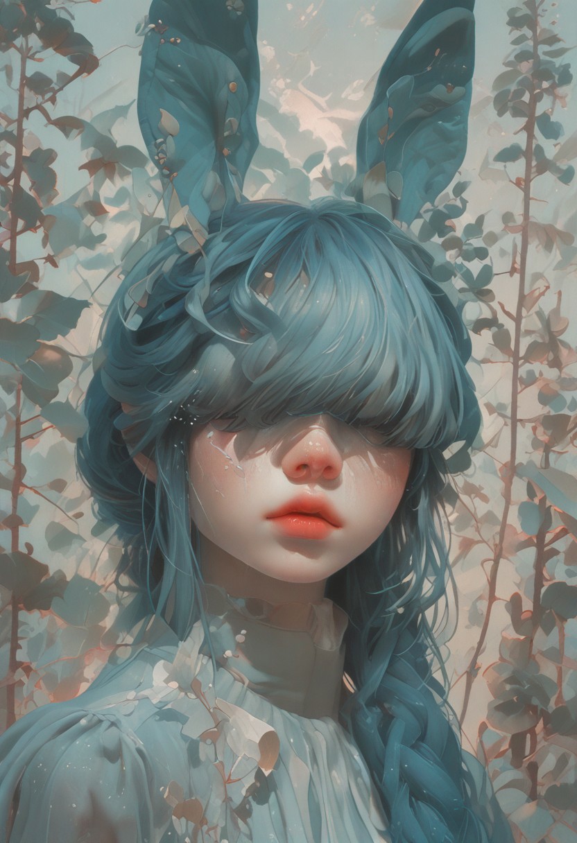 (Score_9:1.1), score_8_up, score_7_up,
(limited lighting, high contrast, laser beams, highres, closed_mouth:1.4, absurdres) 
Fl0ralD0lls 
solo, bunny ears, human woman, curious, (ferns:1.3), realistic, focus on face, hime cut, pacific blue hair, (hair over eyes:1.3),((hair in very long single braid)), big lips, full lips, glossy lips, matte skin, matte colours
