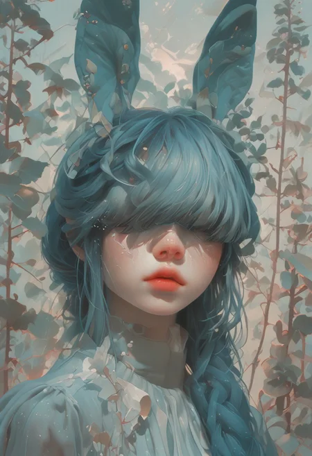 (Score_9:1.1), score_8_up, score_7_up,
(limited lighting, high contrast, laser beams, highres, closed_mouth:1.4, absurdres) 
Fl0ralD0lls 
solo, bunny ears, human woman, curious, (ferns:1.3), realistic, focus on face, hime cut, pacific blue hair, (hair over eyes:1.3),((hair in very long single braid)), big lips, full lips, glossy lips, matte skin, matte colours