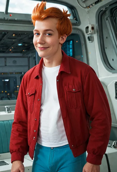 score_9, score_8_up, score_7_up, photorealistic BREAK fry, 1boy, solo, orange hair, jacket, white shirt, pants, smile, posing, spaceship, interior, low light, highly detailed, detailed skin, depth of field, film grain,