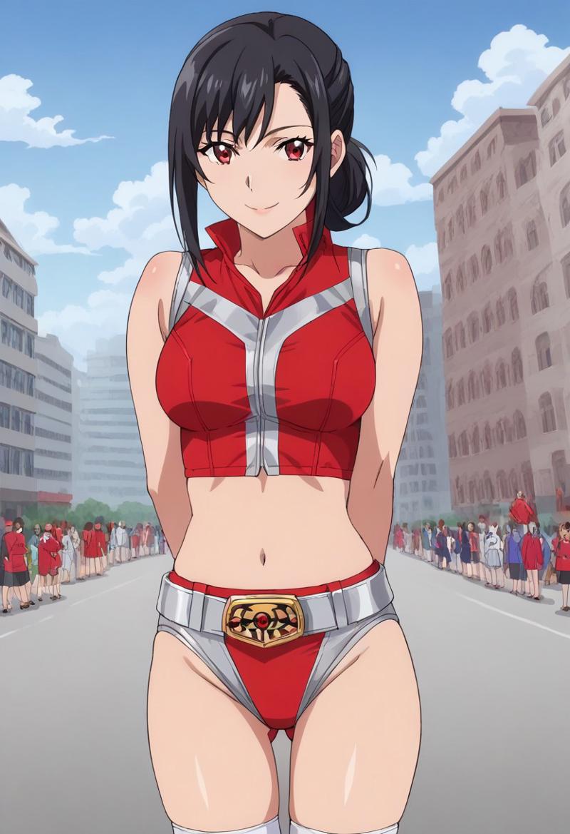 1girl, (masterpiece, best quality, ultra high res),scenery, anime screencap,score_anime, cowboy shot, looking at viewer,  saint-force uniform, red shirts(saint-force), collared shirts, crop top, front zipper top, navel, midriff,  sleeveless, silver sleeve cuffs, red shorts(saint-force), (silver line:1.4), latexed, hero belt(saint-force), white thighhighs, cross own arms, smile, standing, half updo, black hair, red eyes, large breasts, arms behind back, city,