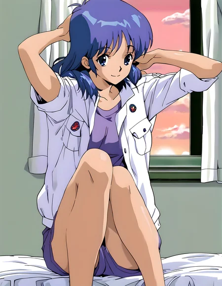 <lora:pony_xl_kasumi:0.9>,kasumi,score_9,source_anime,1girl,best quality,masterpiece,super fine illustration,solo,open jacket,open clothes,white jacket,sleeves rolled up,purple shirt,purple shorts,smile,:d,adjusting_hair,sitting,wariza,knees_together_feet_apart,indoor,bed_sheet,window_,curtains,cowboy_shot,