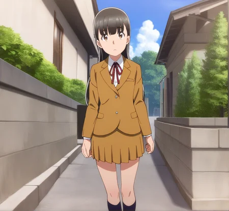 masterpiece, best quality, score_9,
<lora:Hitomi_hinamatsuri_v11:1>,hitomi_il, 1girl, solo, brown_hair, long_hair, bangs, hair_between_eyes, brown_eyes, brown_blazer, brown_skirt, dark_long_socks, cowboy shot, looking at viewer, blue sky