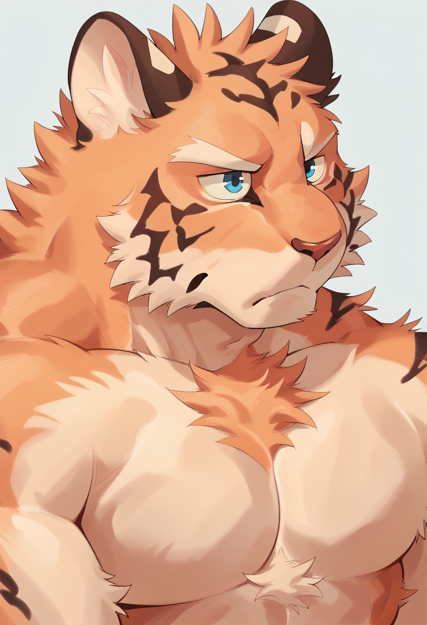 score_9, score_8_up, score_7_up, high quality, hires, by tupidwithouts, 1boy, solo, furry, tiger, blue eyes, muscular, bara, muscle flex, topless, upper body, sad, <lora:TupidwithoutS_style:1.2>