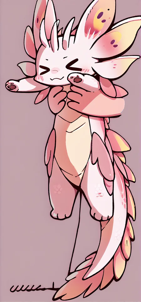 zPDXL,<lora:LongCatMeme_XLPD:1.1>,IncrsXLLCM,full body,chibi,(> <),closed eyes,<lora:Excitement_Expression_XLPD:1.2>,holding dragon,
<lora:mizutsune-XL-000014:0.9>,mizutsune,dragon,authro,pawpads,