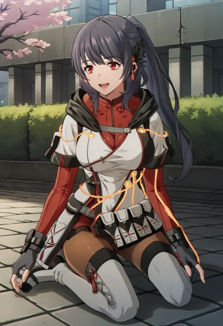 score_9, score_8_up, score_7_up, source_anime, BREAK 1girl, kneeling, looking at you, smile, open mouth, <lora:KyokaSN-pdxl:1> altKyoka, long hair, ponytail, black hair ornament, earpiece, white hooded jacket, cables, short sleeves, red bodysuit, large breasts, gray gloves, fingerless gloves, brown pantyhose, white thighhighs, white boots, outdoors, park