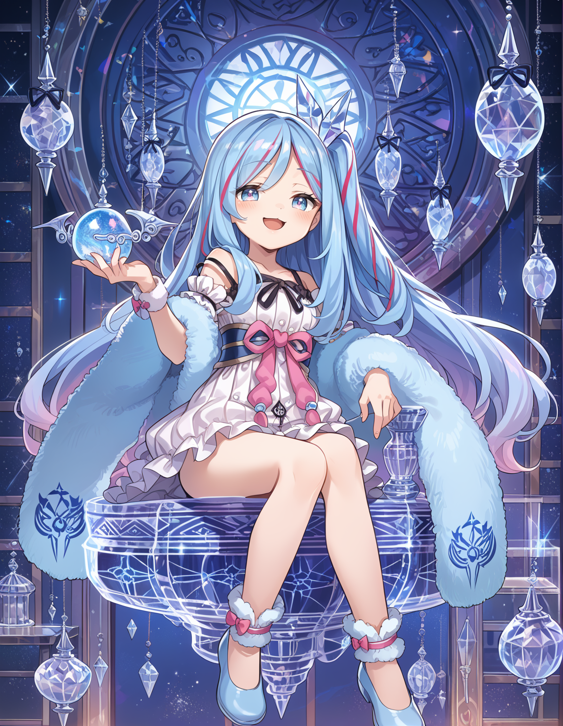 (score_9:0.9),score_8_up,score_7_up,rating_safe,anime style,(zPDXL),(zPDXL3),
<lora:Witchcrafter Madame Verre ponyXL v1:0.72>,witchcrafter madame verre,1girl,solo,looking at viewer,smile,open mouth,full body,blush,white sleeveless dress,floating,white detached sleeves,crystal hair ornament,smug,fur trim boa,one side up,blue shoes,crystal lamp,indoors,white ankle cuffs,head tilt,magic circle,crystal furniture,official art,blue theme,sitting,