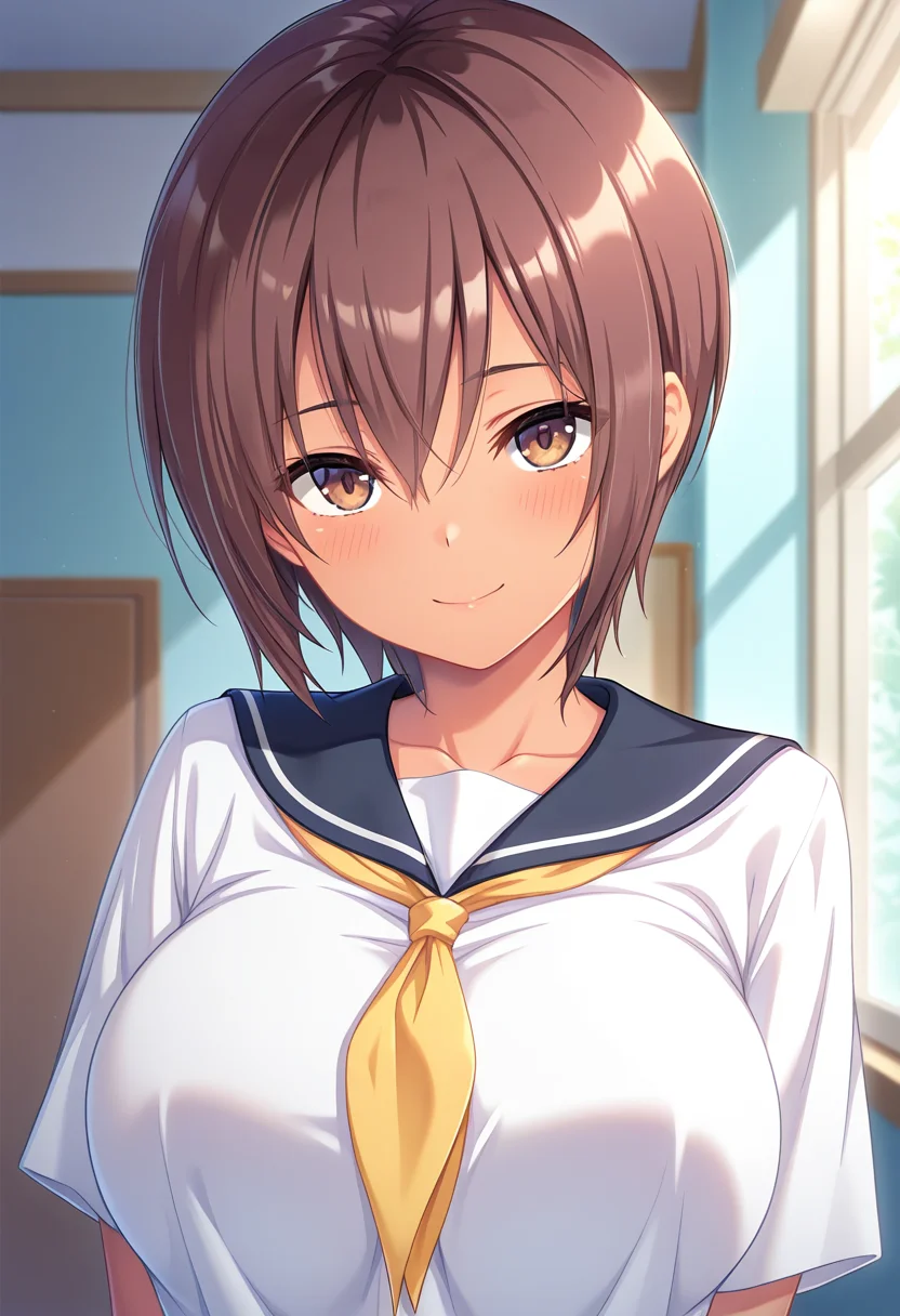 masterpiece, best quality, amazing quality, absurdres, 1girl, solo, (portrait:1.2), sakiww, dark skin, tan, brown eyes, brown hair, short hair, hair between eyes, large breasts, serafuku, sailor collar, yellow neckerchief, white shirt, looking at viewer, smile, indoors, day, skindentation, detailed clothing folds, depth of field, sharp, high contrast, dynamic light <lora:Koike_Saki_Tsun_M_ill:0.8>
