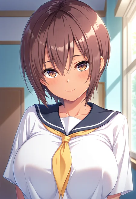 masterpiece, best quality, amazing quality, absurdres, 1girl, solo, (portrait:1.2), sakiww, dark skin, tan, brown eyes, brown hair, short hair, hair between eyes, large breasts, serafuku, sailor collar, yellow neckerchief, white shirt, looking at viewer, smile, indoors, day, skindentation, detailed clothing folds, depth of field, sharp, high contrast, dynamic light <lora:Koike_Saki_Tsun_M_ill:0.8>