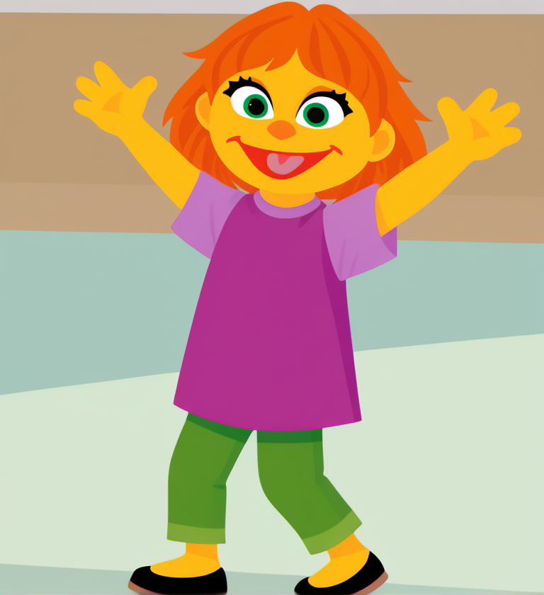 1girl, solo, julss1, yellow skin, green eyes, colored skin, shirt, smile, open mouth, tongue, arms up, full body, orange hair, short hair, pants, :d, child, black footwear, purple shirt, green short pants, <lora:julss1-000006:1>,