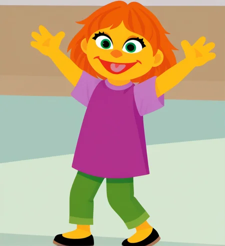 1girl, solo, julss1, yellow skin, green eyes, colored skin, shirt, smile, open mouth, tongue, arms up, full body, orange hair, short hair, pants, :d, child, black footwear, purple shirt, green short pants, <lora:julss1-000006:1>,