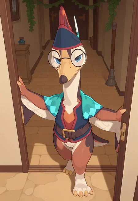 1boy, highres, absurdres, newest, masterpiece, best quality, furry, scales, tail, claws, Rowan, male, quetzalcoatlus, brown skin, dark yellow beak, blue eyes, membranous wings, winged arms, 3 fingers, 4 toes, glasses, dark blue vest, green cape, waist bag, dark blue headband, standing, seductive look, detailed eyes, bright room, day scene, professional lighting, solo, seductive, looking_at_viewer, masterpiece, close up, explicit, aggressive look, sits in shair, vine in a glass, sexy pose, desert