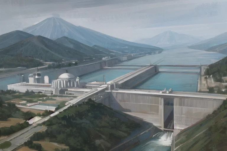 a painting of a large dam with a body of water in the background and a mountain in the foreground