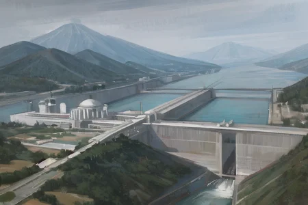 a painting of a large dam with a body of water in the background and a mountain in the foreground