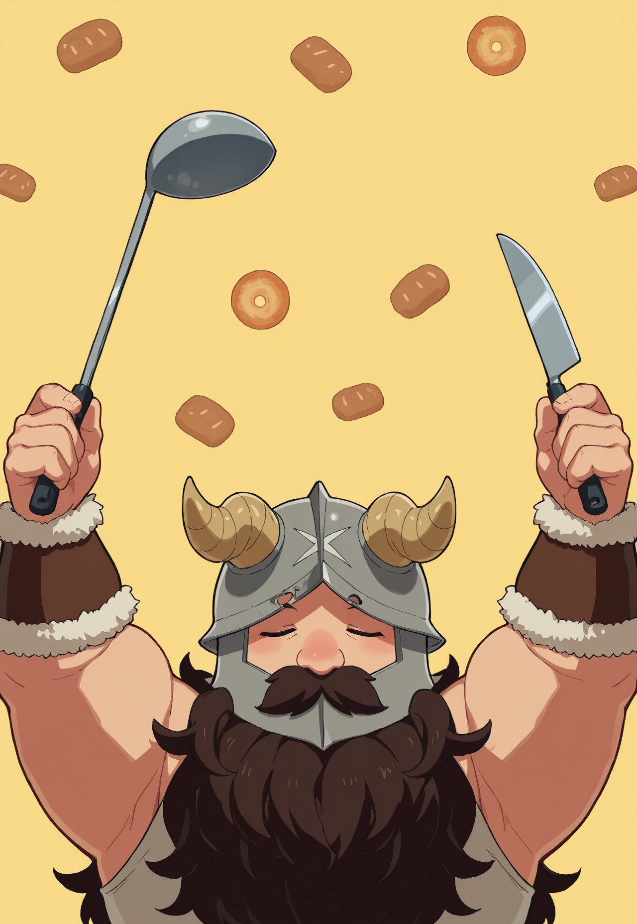 safe_pos, score_9, score_8_up, score_7_up, masterpiece, best quality, very aesthetic, absurdres, amazing quality, high resolution, ultra-detailed, volumetric lighting, newest, scenery, Dunmeshi_Senshi, 1boy, solo, dwarf, muscular, closed eyes, brown hair, long hair, mustache, very long beard, horned helmet, covered face, white sleeveless shirt, brown arm guards, fur-trimmed bracer, happy, arms up, holding ladle, holding knife, chibi, food-themed background, yellow background, simple background, upper body, portrait