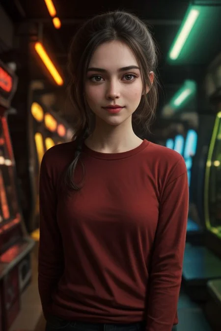 Elliot 2, green eyes, brown hair, low ponytail, 
Red shirt, dirty clothes, long sleeves, 
Upper body, standing, smiling, 
arcade room, neon lamps, night,
looking at the viewer,
(insanely detailed, beautiful detailed face,beautiful detailed eyes, masterpiece, Best quality), One,