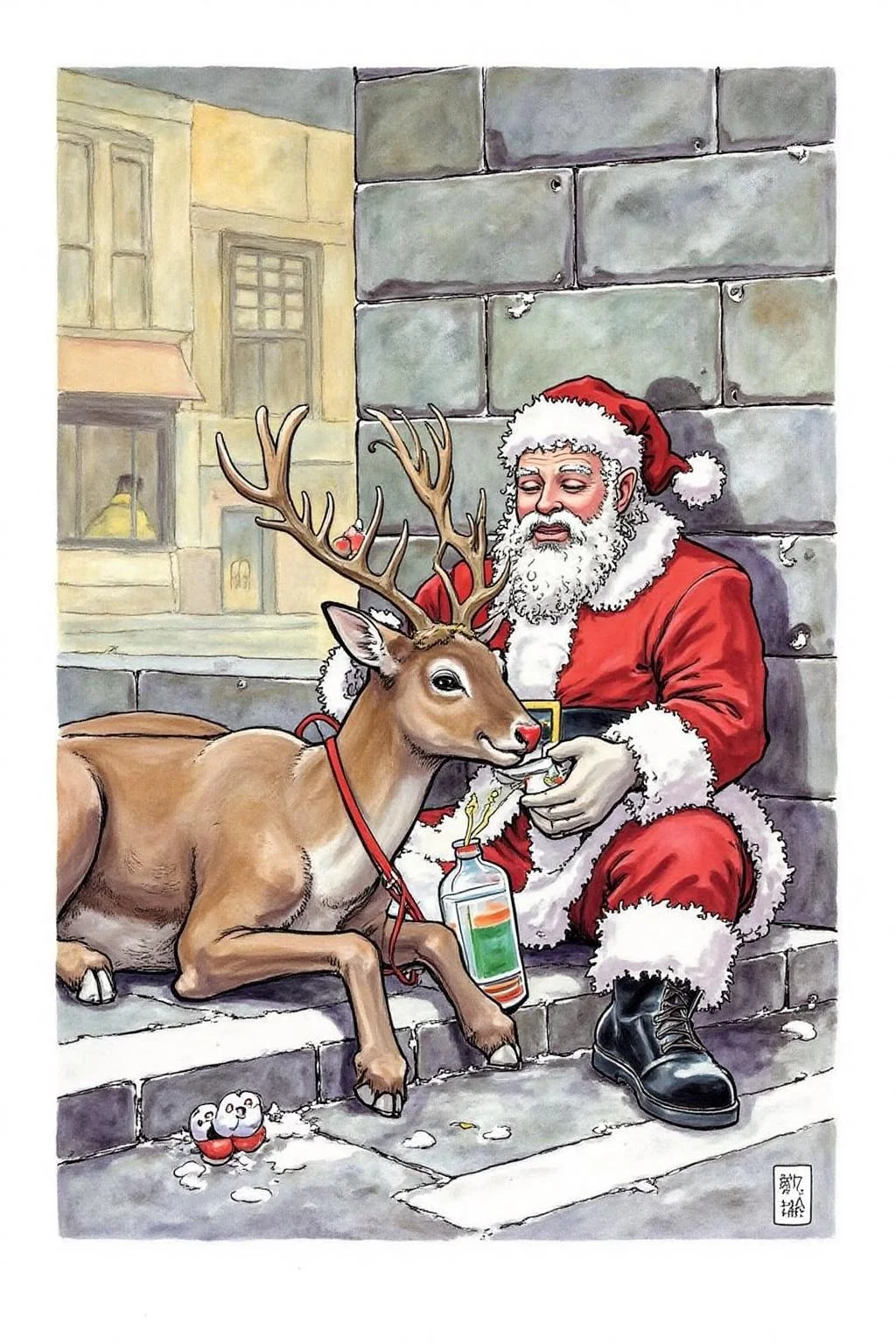 itacomic1 illustration. Homeless Santa Claus, drunk and sleeping rough on the street with Rudolph the red-nosed reindeer <lora:itacomic_mima_fl_d4a2e8:1.0><lora:800599543688332948:0>