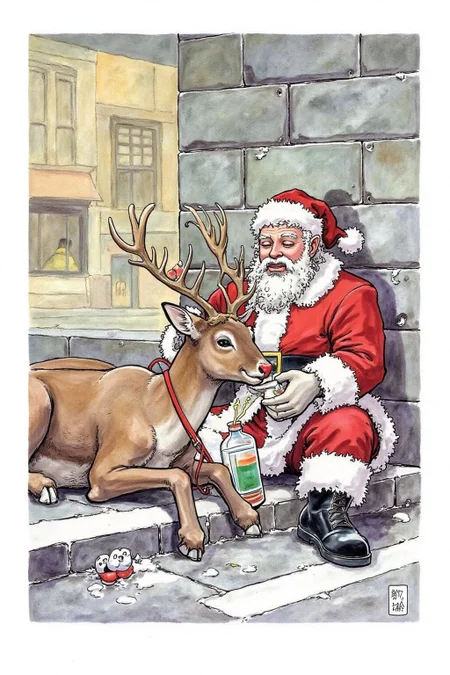 itacomic1 illustration. Homeless Santa Claus, drunk and sleeping rough on the street with Rudolph the red-nosed reindeer  <lora:itacomic_mima_fl_d4a2e8:1.0><lora:800599543688332948:0>