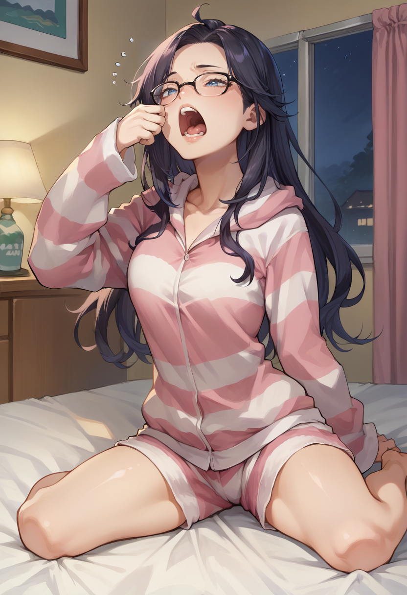 score_9, score_8_up, score_7_up, source_anime, KsonPajamas, black hair, blue eyes, long hair, glasses, striped hoodie, pink hoodie, striped shorts, pink shorts, indoors, on bed, yawning, night, <lora:ChamKsonPonyXL:1>