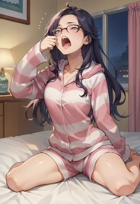score_9, score_8_up, score_7_up, source_anime, KsonPajamas, black hair, blue eyes, long hair, glasses, striped hoodie, pink hoodie, striped shorts, pink shorts, indoors, on bed, yawning, night, <lora:ChamKsonPonyXL:1>