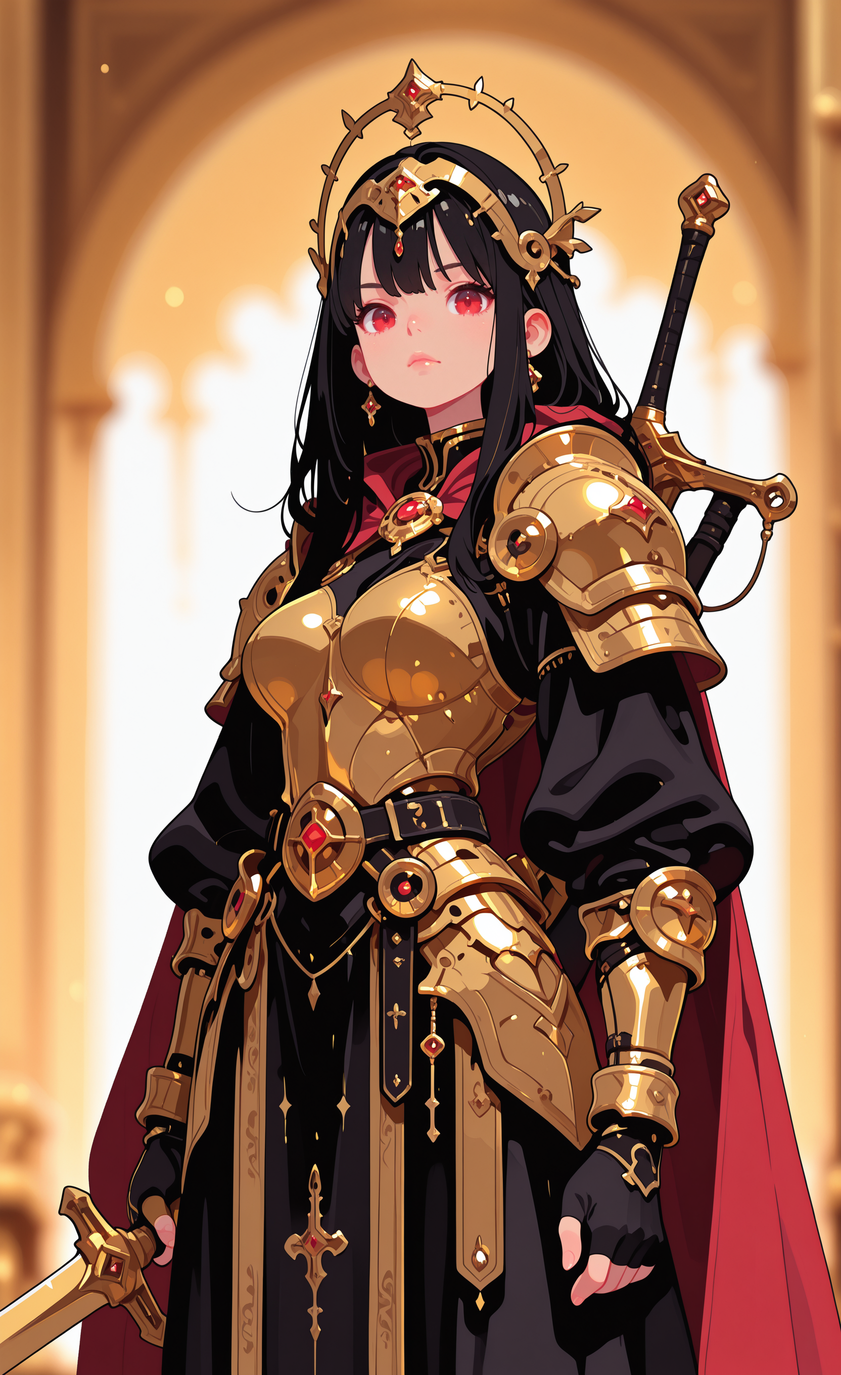 masterpiece,best quality,amazing quality, 1girl, solo, long hair, breasts, looking at viewer, black hair, gloves, red eyes, dress, holding, closed mouth, jewelry, weapon, sword, fingerless gloves, holding weapon, blurry, cape, armor, lips, blurry background, shoulder armor, gold trim, pauldrons, red cape, headpiece, armored dress, weapon on back, gold, haiz_ai, in the style of cknc,
Flatline, Flat vector illustration <lora:ponyv6_noobE11_2_adamW-000017:0.3> <lora:checkpoint-e18_s306:1.5> <lora:ck-nc-cyberpunk-IL-000011:0.6> <lora:haiz_ai_illu:0.7>
