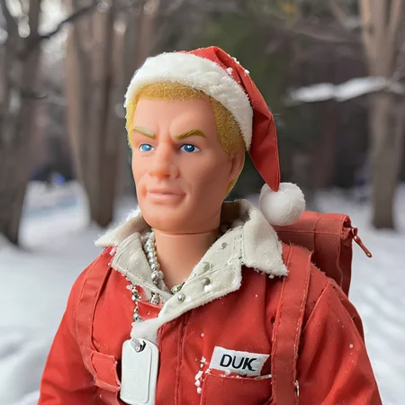 <lora:GI_Joe_Duke_SDXL:1> GI Joe Duke wearing a red santa suit, outdoors, snow