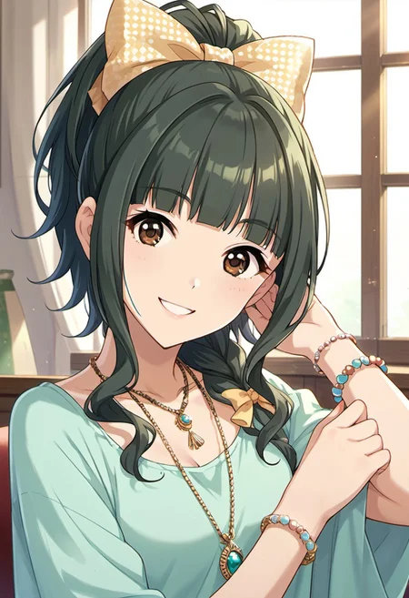 score_9, score_8_up, score_7_up, source_anime,fujii tomo, brown eyes, dark green hair, 1girl, solo, jewelry, necklace, smile, bracelet, looking at viewer, hair bow, bow, ponytail, long hair