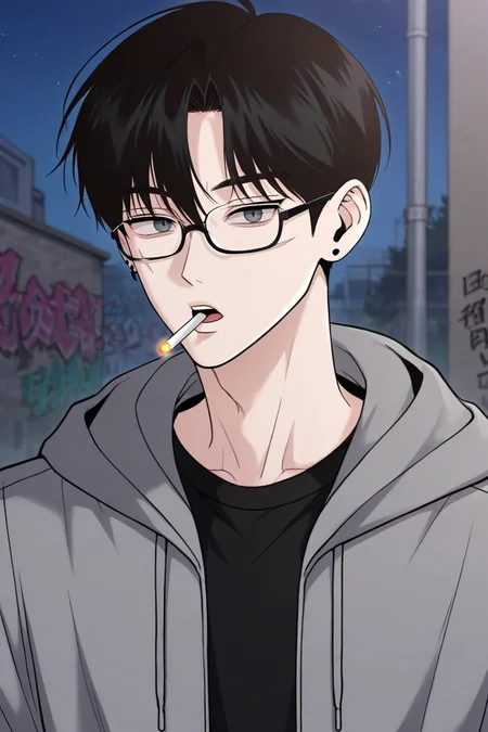 score_9, score_8_up, score_7_up,score_6_up,score_5_up,score_4_up,source_anime,BREAK, rating_safe, intricate details , , , anime screencap, anime coloring, official style, depth of field,1boy, solo, male focus , , ,<lora:goo_yoon_won:0.74>,goo yoon won,black hair,grey eyes,short hair,parted bangs,bangs,hair between eyes,scar,scar on face,looking at viewer,shirt, open mouth, long sleeves, jewelry, upper body,black shirt, earrings,right ear bare,piercing, food, glasses, hood, hoodie, mouth hold,cigarette, hood down,grey hoodie, graffiti,night,mature, , , <lora:sdxl_lightning_8step_lora_315544:1>