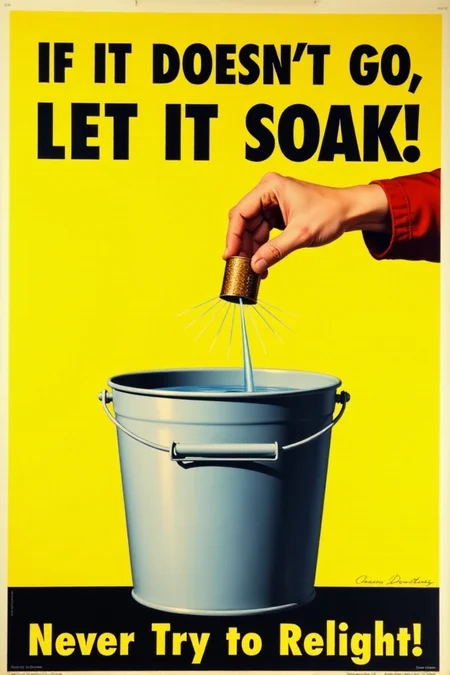 A vintage poster with a simple, direct message. It shows a hand dropping a malfunctioning firework into a bucket filled with water. Bold, black text on a bright yellow background emphatically states: "IF IT DOESN'T GO, LET IT SOAK! Never Try to Relight." Focus on the definitive action for dealing with duds.  <lora:REMEs_War_Poster_Style:0.95> In REME's War Poster Style,âââ