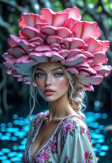 mythp0rt, MushroomHat,
A beautiful Nordic woman with blonde hair and blue yes is wearing a MushroomHat, adorned with large, textured pink oyster mushrooms. She poses before a secluded lagoon where glowing blue plankton light up the water, reflecting off the twisted roots of mangrove trees.