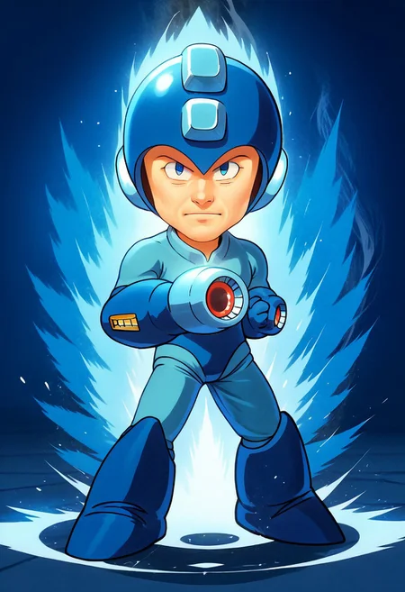 (Megaman, Rockman, gloves, boots, helmet, blue armor, arm cannon:1.1):1.1)(1boy, solo, facing viewer, , score_9, score_8_up, score_7_up, chibi, Ki Charge, aura, shooting stance, white aura, blue aura, arm raising, full body, zPDXL3 ,SimplePositiveXLv2, masterpiece, best quality, high res, illustration, extremely detailed, 8k, wallpaper, hud_c4ric4ture_Styl, chibi