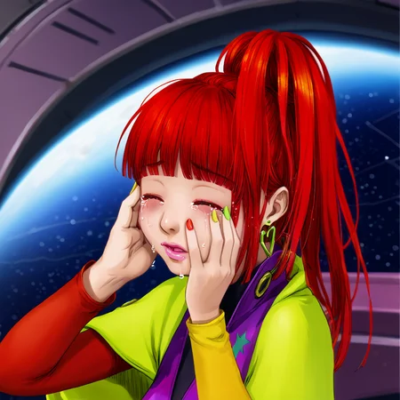 best quality, masterpiece, official artwork, (realistic:0.35), 1girl, solo, sq, red hair, jewelry, earrings, purple eyes, lips, nail polish, makeup, long hair, ponytail, spaceship room, crying, eyes closed, one hand on face