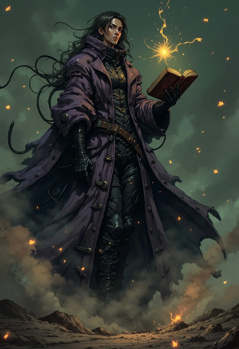 vastyle, nistyle, detailed manga sketch, This is a digital drawing in a gritty, dark fantasy style, depicting a lone sorceress standing in a desolate, muted landscape. The sorceress wears a flowing, tattered cloak that billows around her like shadows, its edges glimmering faintly with a weak, magical light. Beneath the cloak, she is clad in a form-fitting outfit of deep purples and blacks, adorned with intricate silver runes that pulse softly, hinting at her arcane powers. Her long, dark hair cascades down her back, intertwining with wisps of mist that swirl around her, adding to her ethereal presence.
The sorceress raises one hand, summoning a weakly glowing spell that illuminates her face with an eerie light. Her expression is intense and focused, with piercing eyes that seem to draw in the viewer. In the other hand, she holds an ancient tome, its pages worn and frayed, filled with cryptic symbols and spells. The background is a gradient of muted greens and browns, suggesting a cursed or post-apocalyptic landscape. The overall color palette is dark and atmospheric, enhancing the sense of mystery and power surrounding the sorceress as she conjures her magic. The image is detailed with intricate textures and shading, capturing the harsh reality of her world.