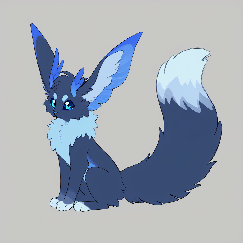 <lora:thehollyraven:1> blue fur, multicolored eyes, head wings, colored sclera, fluffy tail