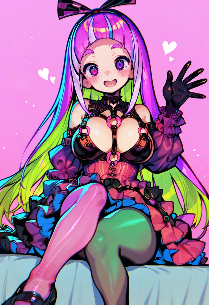 score_9, score_8_up, score_7_up, score_6_up, <lora:GyokaiXL_P6_lokr_V53P1:0.95> 1girl, breasts, solo, gloves, multicolored hair, large breasts, long hair, sitting, open mouth, asymmetrical legwear, purple hair, pink hair, smile, purple eyes, mismatched legwear, waving, black gloves, looking at viewer, dress, pantyhose, blush, blunt bangs, two-tone hair, bangs, hairband, halftone, heart, green hair, o-ring, frills, very long hair