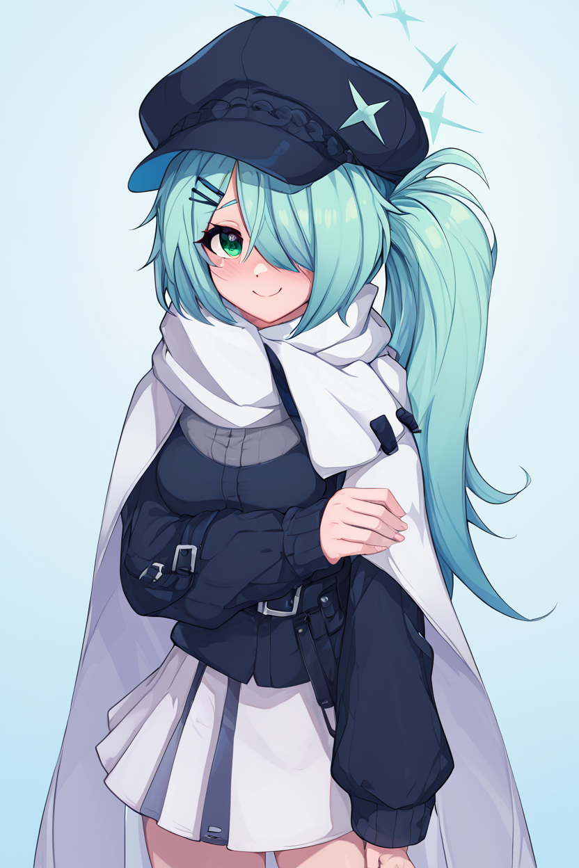 score_9, score_8_up, score_8, medium breasts, (curvy), cute, eyelashes,       BREAK, , ,,,  zzHiyori, long hair, hair over one eye, side ponytail, hairclip, hair ornament, aqua hair, green eyes, black headwear, hat, cabbie hat, long sleeves, white skirt, belt, white scarf, <lora:Hiyori_BlueArchive_PDXL_v2:0.8>,   ,,,, BREAK, <lora:Afrobull_PDXL_v5:0.8>,  ,,, BREAK, smile, looking at viewer, closed mouth, cowboy shot,  ,,, embedding:zPDXL, Expressiveh, ,,, <lora:SDXLFaeTastic2400:0.5>, <lora:Expressive_H-000001:0.4>,