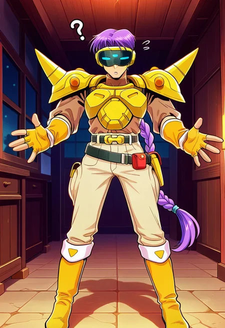 masterpiece, best quality, amazing quality, very aesthetic, absurdres, newest, myroffl3 wearing a VR headset, 1boy, male focus, purple hair, long braided pony tail, spiked pauldrons, yellow armor, brown shirt, yellow fingerless gloves, belt with holster, belt with pouches, beige pants, boots, confused, arms outstretched, indoors,
