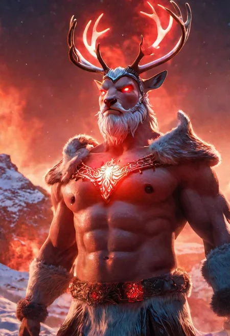 Humanoid raging Reindeer, red team, glowing, vivid, extremely beautiful glowing piercing eyes, cinematic scene, hero view, action pose, scenery, detailed background, masterpiece, best quality, high quality, absurdres <lora:AI_Overlord_Santas_-_The_Green_Team_LoRA:1>