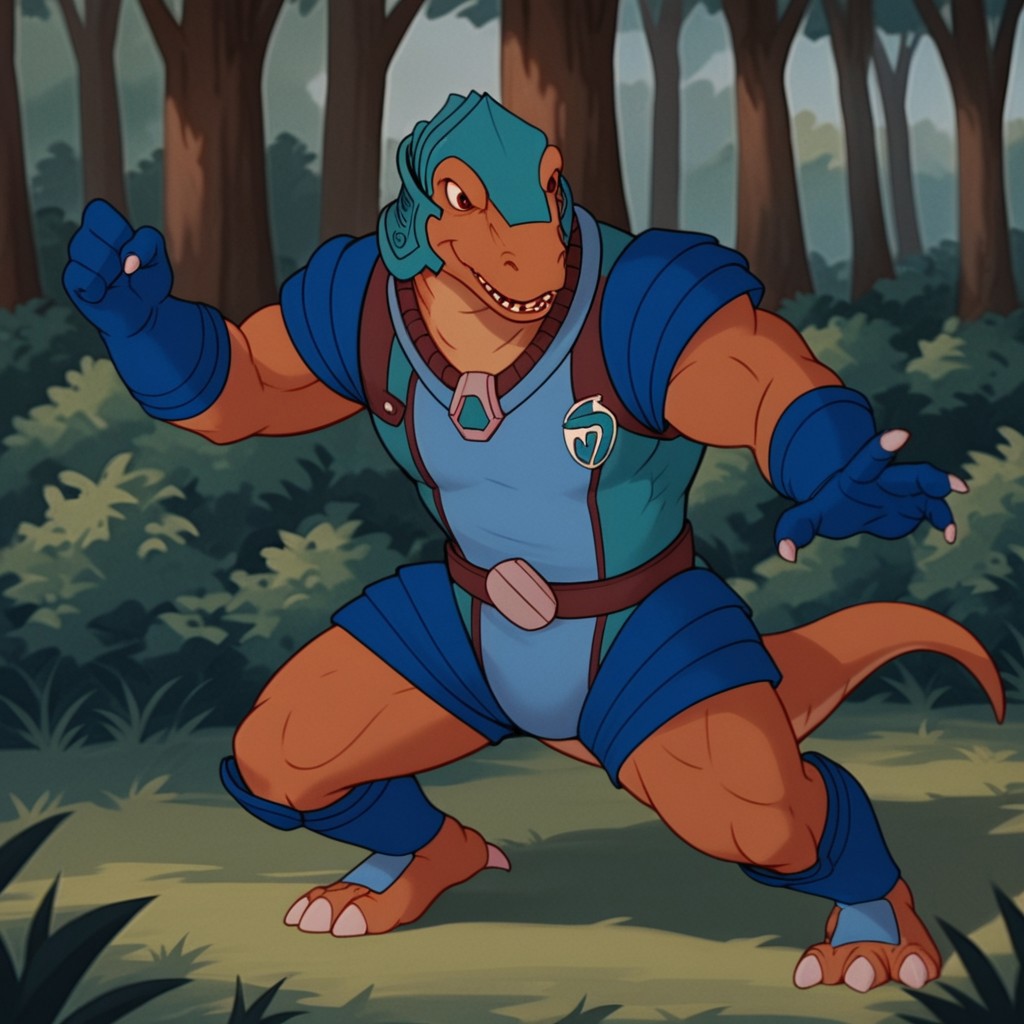 score_9, score_8_up, score_7_up, score_6_up, score_5_up, score_4_up, source_furry,AlloDinos, anthro, male, dinosaur, brown skin, blue armor, blue gloves, teal helmet, fighting stance, in a forest