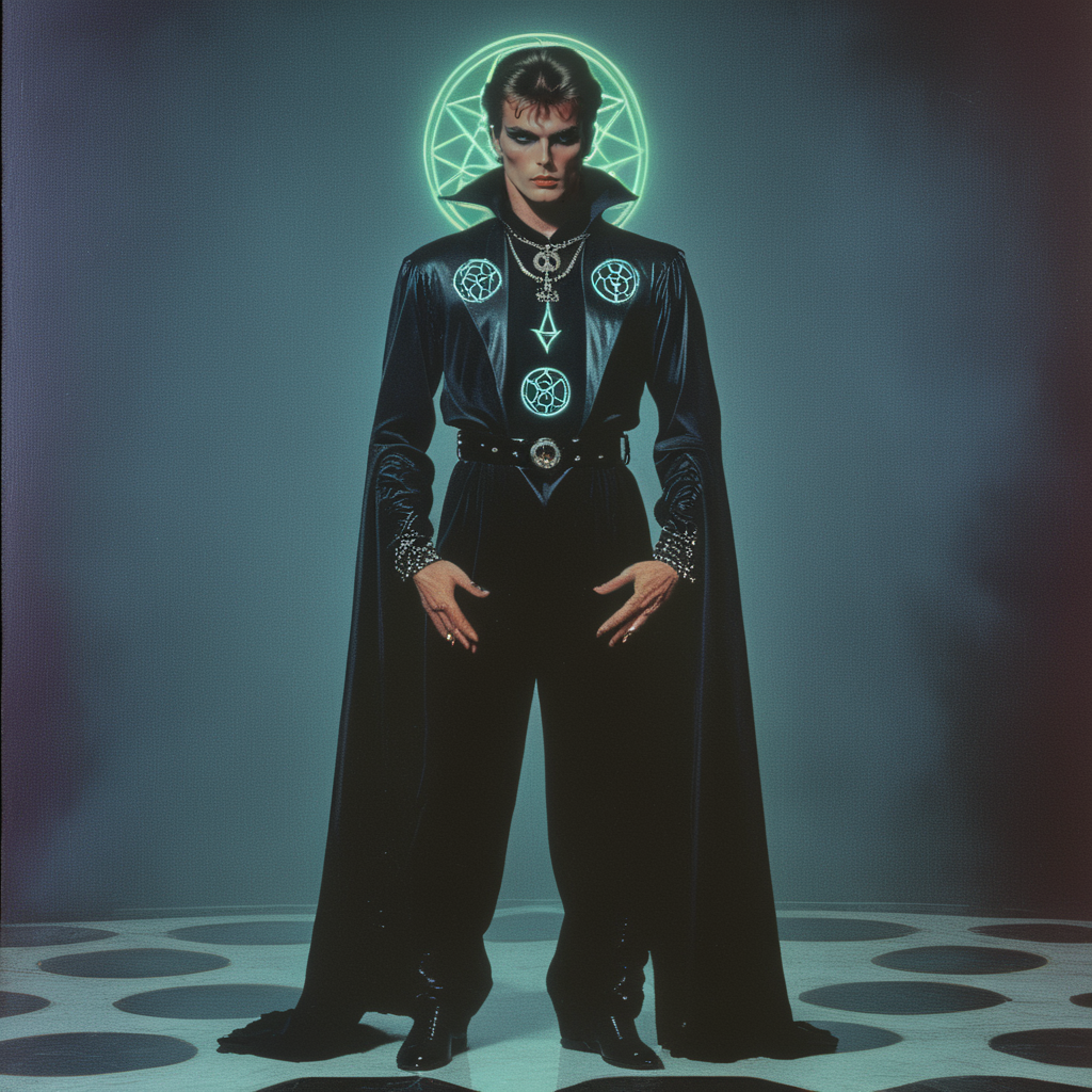 <lora:Mystic_Vogue_80s__Occult_PopSDXL:1> Mystic Vogue 80s Occult Pop, The Image is a full body male portrait