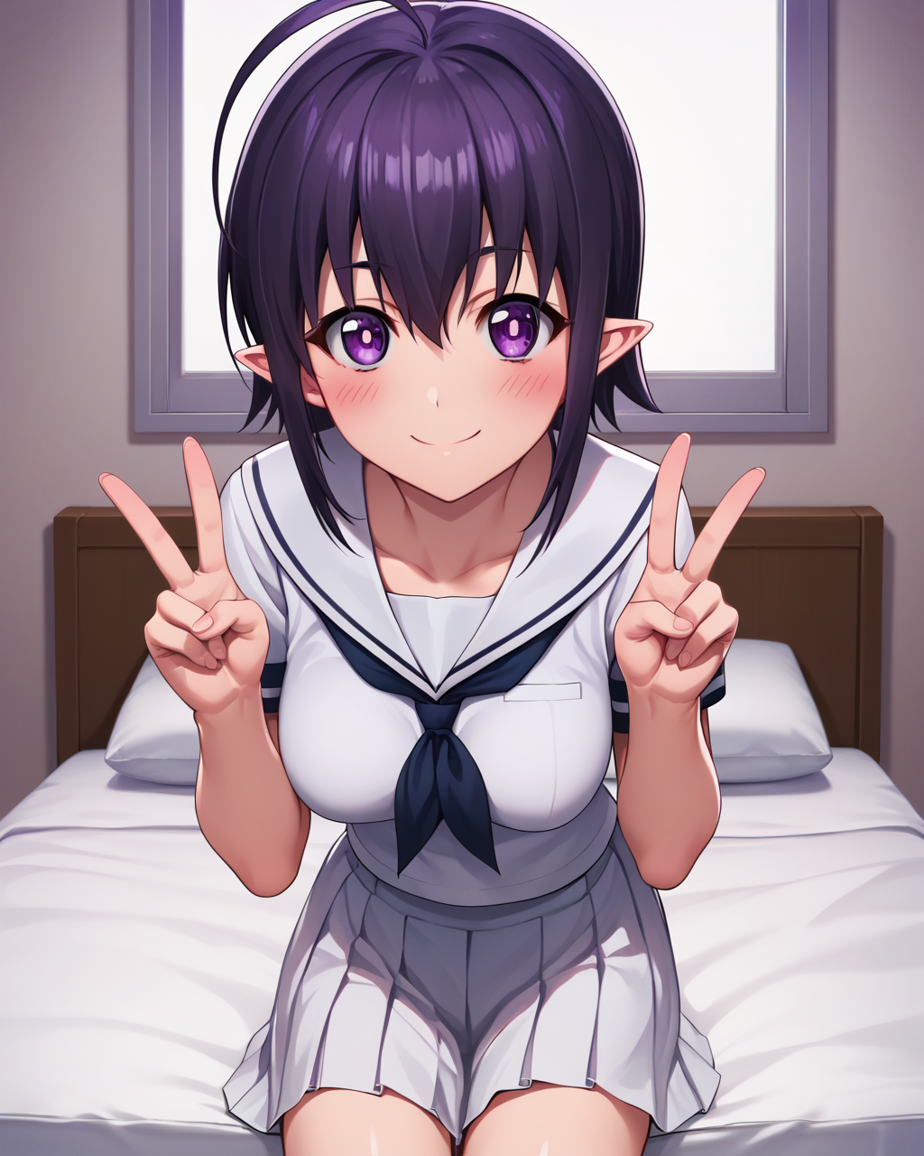 score_9, score_8_up, score_7_up, highres, hi res, best quality, masterpiece, 2d, intricate details, 4k, anime coloring, uncensored,
1girl, solo, female, blush, smile, short hair, black hair, hair between eyes, purple eyes, ahoge, purple hair, pointy ears, 
breasts, medium breasts, 
school uniform, serafuku, sailor collar, sailor fuku, white sailor collar, white shirt, white skirt,
sitting, leaning forward, upper body, looking at viewer, facing viewer, arms behind back, double v, v sign,
indoors, bedroom, on bed, <lora:Guri1024_Pony:1>, guri, ren'ai boukun,