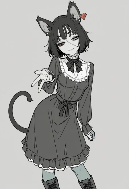 safe_pos, masterpiece, best quality, amazing quality, tfaix, solo, 1girl, black nails, hand close up, foreshortening, reaching towards viewer, contrapposto, narrow waist, head tilt, smug, closed mouth, narrowed eyes, half-closed eyes, small breasts, (flat color, monochrome, greyscale:1.2), (norakura \(nr kura\), sketch, lineart, in style of fujimoto tatsuki \(style\):1.25), selfie, 3cto, patchwork skin, stitches, animal ears, ear tag, heterochromia, black tail, frilled dress, bowtie, boots