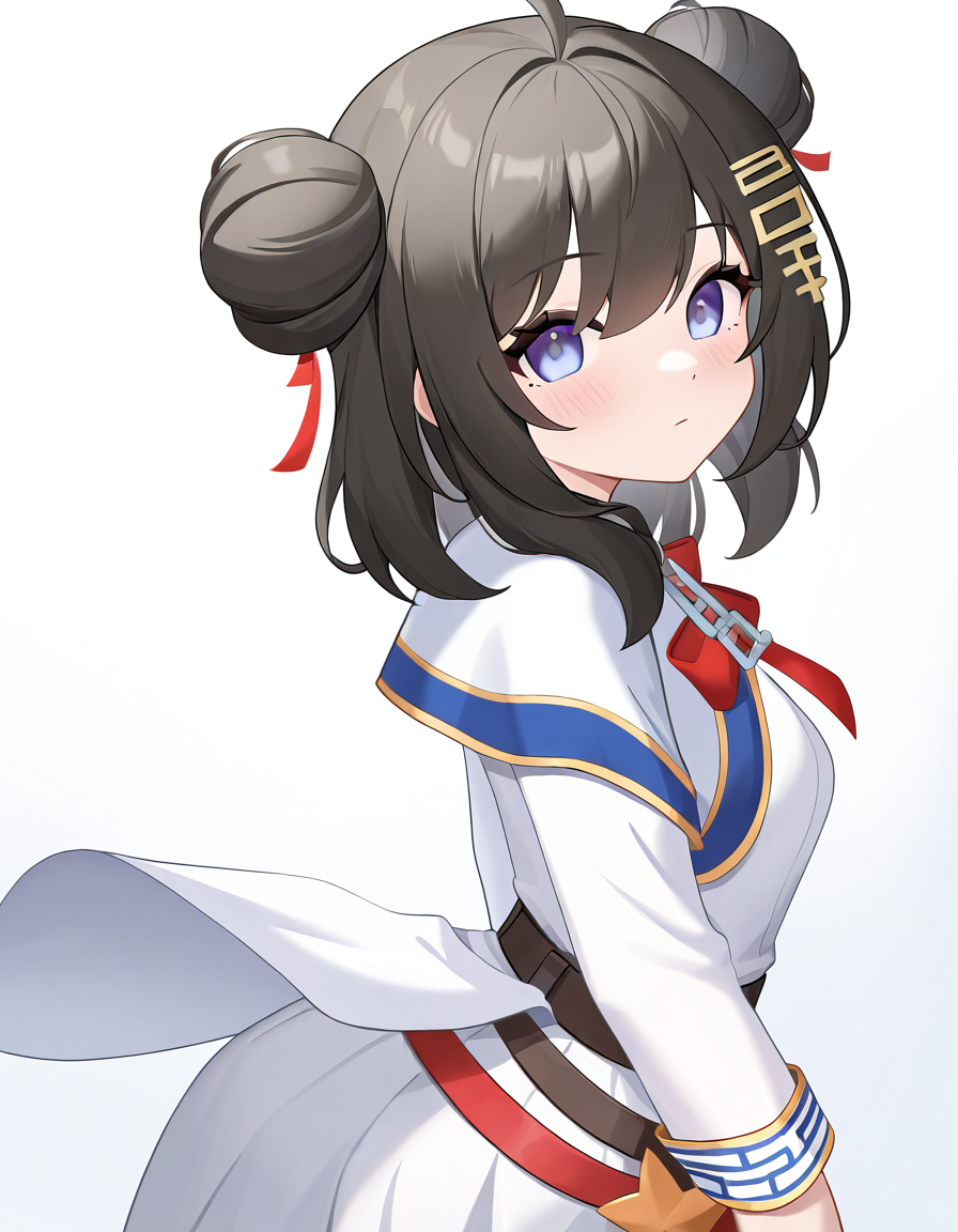 1girl,simple background,looking at viewer,(taiyuan(gai):1.2),white background,solo,cowboy shot,black hair,<lora:taiyuan-000010:1>,hair bun,, masterpiece, best quality, very aesthetic, absurdres,newest, incredibly absurdres,