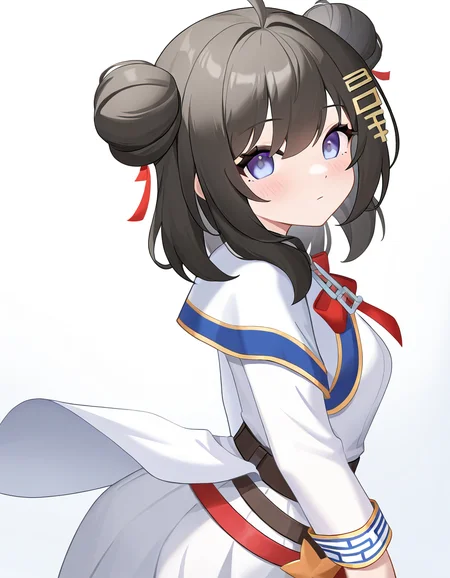 1girl,simple background,looking at viewer,(taiyuan(gai):1.2),white background,solo,cowboy shot,black hair,<lora:taiyuan-000010:1>,hair bun,, masterpiece, best quality, very aesthetic, absurdres,newest, incredibly absurdres,