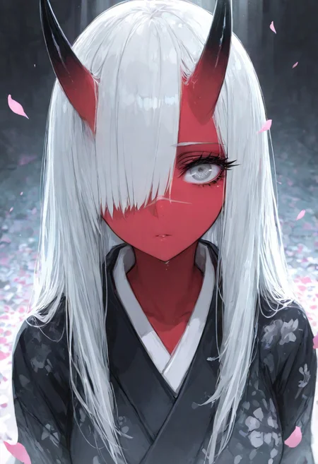masterpiece, best quality, Good quality, very aesthetic, absurdres, newest,1girl, light rays, solo, 
Cinematic Lighting, gradient color, gorgeous girls
BREAK
masterpiece, amazing quality, best quality, ultra-detailed, 8K, illustration, CG, ultra-detailed-eyes, detailed background, cute girl, eyelashes, erotic, love, petals falling,
BREAK
(sexy, slutty, hot, aroused), 
Aka-Oni, oni, colored skin, red skin, smooth horns, black horns, kimono,
BREAK
perfect composition, solo, 1girl, gray eyes, long hair, silver hair, hair over one eye, scar on nose, extreme eye close up, eye focus, eye reflection, wide eyed, eyelashes, blank stare, looking at viewer,