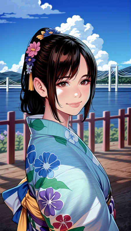 score_9,score_8_up,score_7_up,
highly detailed,highres,photorealism,(realistic:1.2),
<lora:miiyamotohikari:0.9>,miiyamotohikari,
1girl,solo,black hair,ponytail,bangs,brown eyes,hair flower,looking at viewer,kimono,yukata,floral print,smile,portrait,
blurry background,outdoors,sky,ocean,cloud,sea fence,bridge in the background,distant mountains,soft clouds drifting,summer,