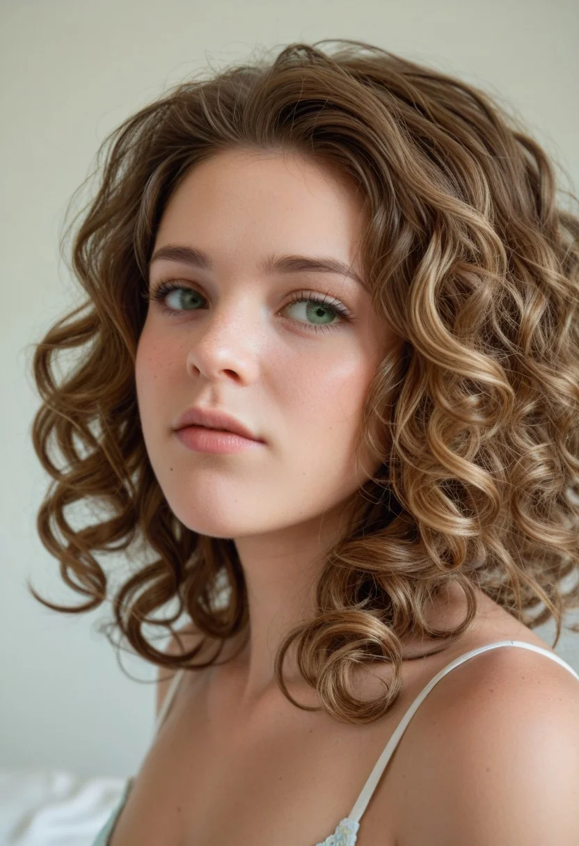 score_9, score_8, score_7, score_6, highres, high-quality, 8k, 4k, raw, Emily Grace Thompson face, Emily Grace Thompson chin, Emily Grace Thompson, forehead, curly hair, green iris, green eyes, light brown hair, cheek soft wrinkles, looking right, look away, profile